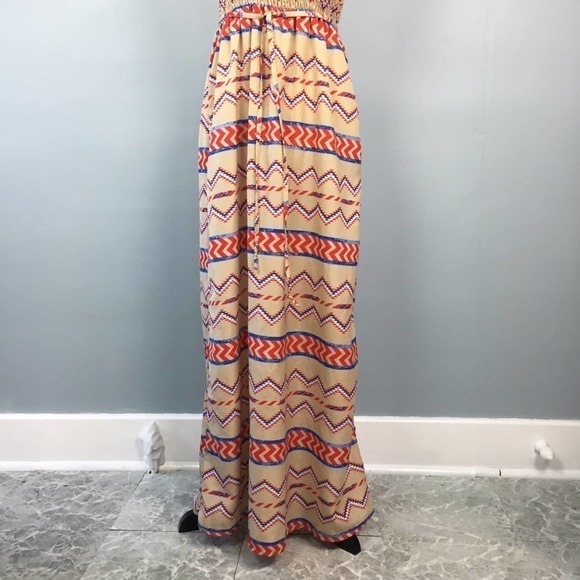 SANS Souci Smocked Strapless Aztec Tribal Print Maxi Dress Women's Size M Belted - Picture 4 of 12